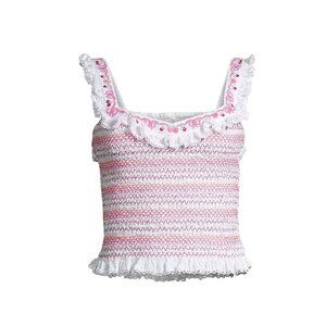 LoveShackFancy Manilla Smocked Top Shirt Tank Womens XS Pink White Red Cotton